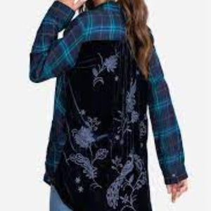 Johnny Was Phiona Velvet Back Painter's Smock Buttons Down Shirt Womens Size XL